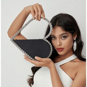 ❤️💎 Jeweled Handle Sparkling Rhinestone Heart Shaped Black Clutch Purse Bag NEW